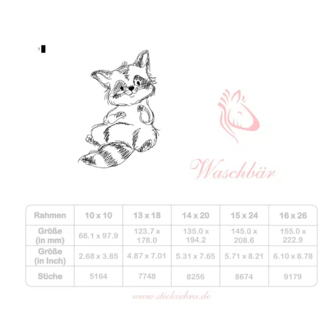 Stickdatei Stickzebra Waschbär im Doodle Stil