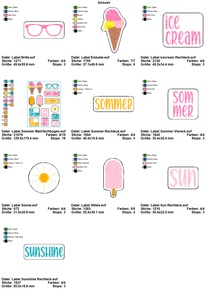 Fichier modèle broderie Étiquettes Été Soleil Glace Stickzeit