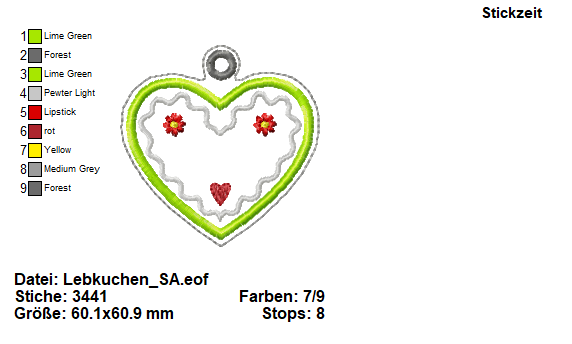 Stickdatei Stickzeit Schlüsselanhänger Lebkuchenherz ITH, german