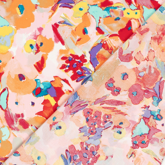 Stretch cotton satin meadow of flowers, pink