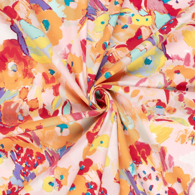 Stretch cotton satin meadow of flowers, pink