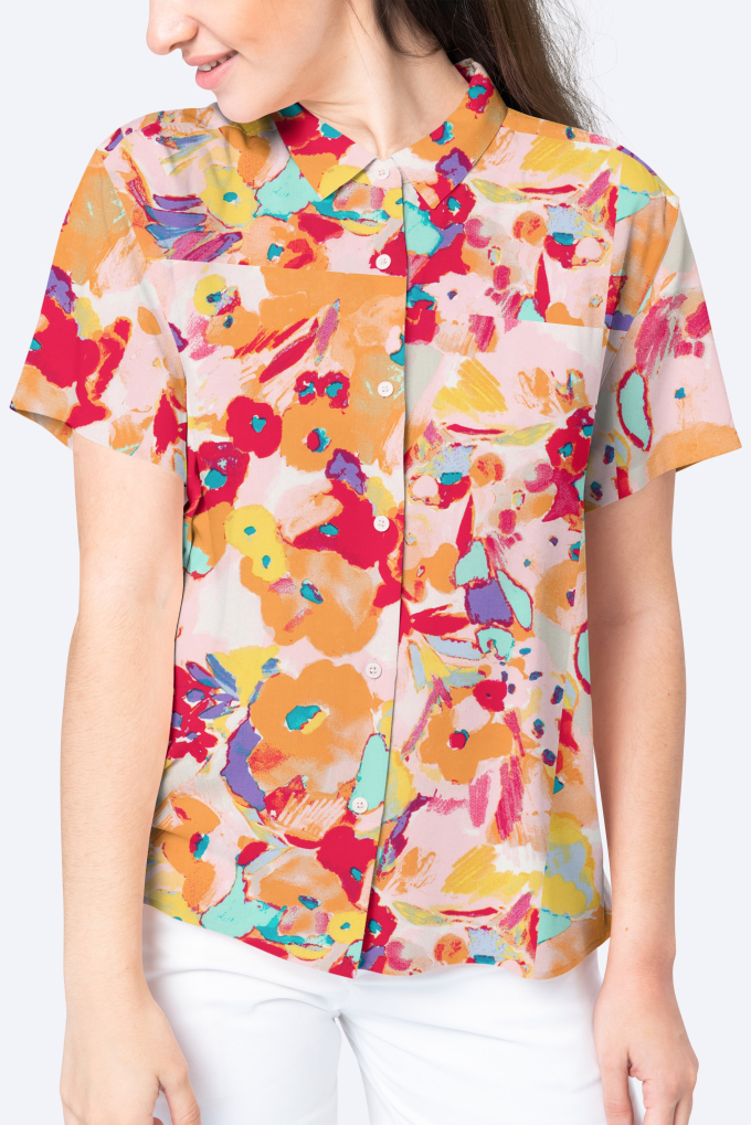 Stretch cotton satin meadow of flowers, pink