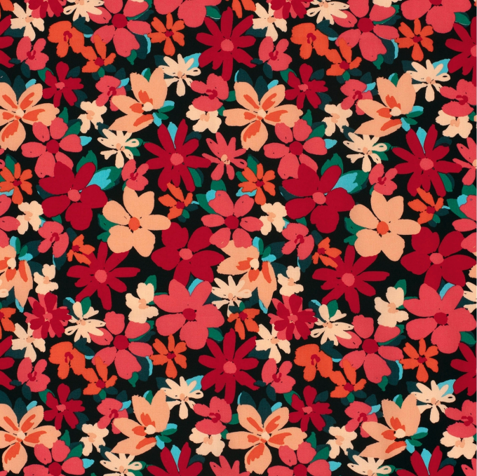 Tissu satin de coton stretch Fleurs Flower love, noir