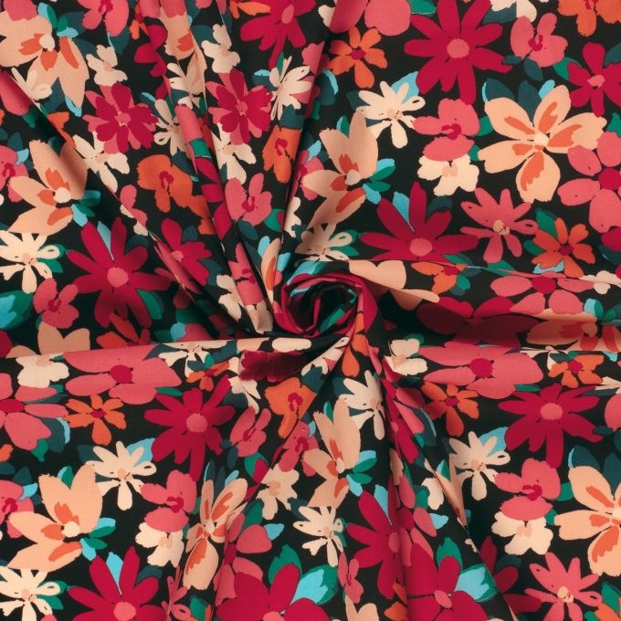 Tissu satin de coton stretch Fleurs Flower love, noir