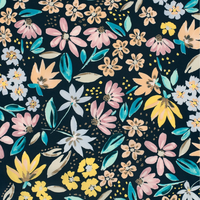Tissu satin de coton stretch Fleurs Flowers, bleu marine