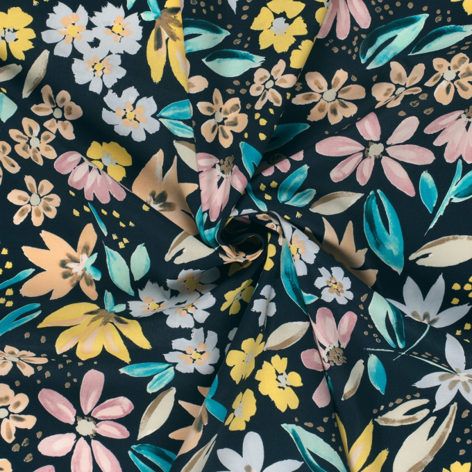 Tissu satin de coton stretch Fleurs Flowers, bleu marine