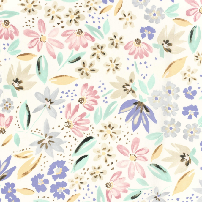 Tissu satin de coton stretch Fleurs Flowers, blanc