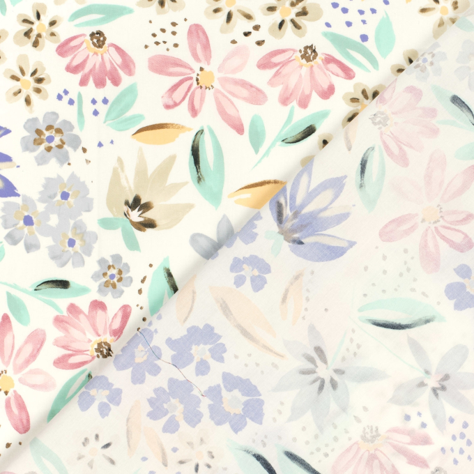 Tissu satin de coton stretch Fleurs Flowers, blanc