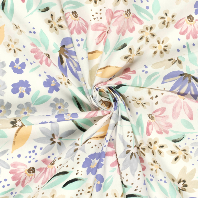 Tissu satin de coton stretch Fleurs Flowers, blanc