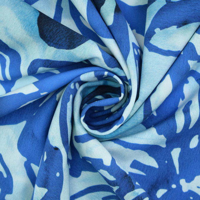 Tissu viscose stretch popeline Fleurs Flowers, bleu