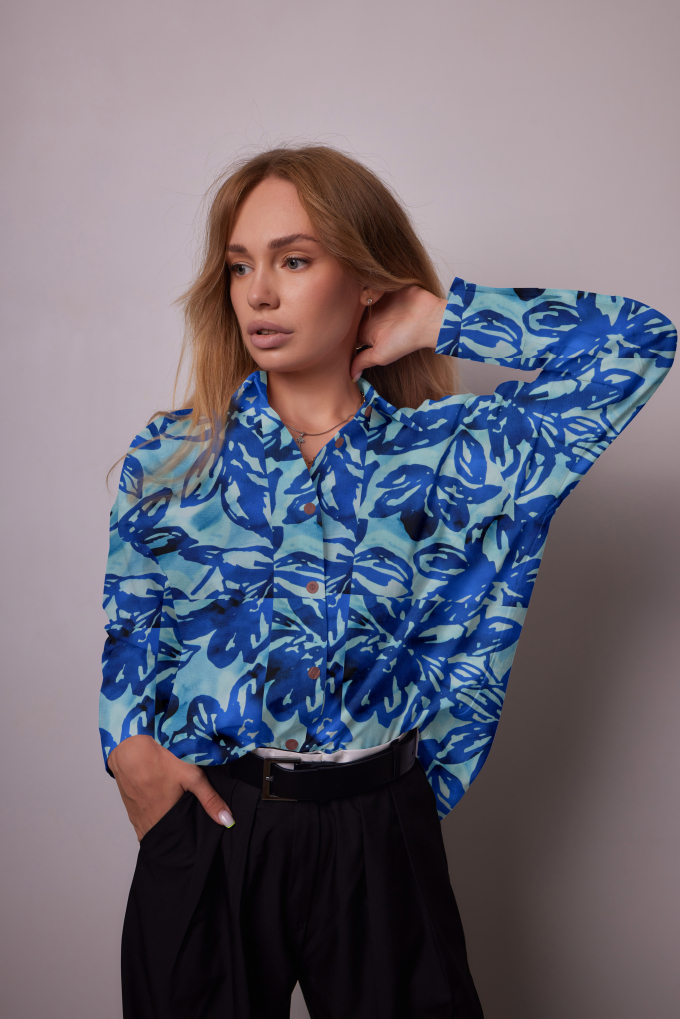 Tissu viscose stretch popeline Fleurs Flowers, bleu