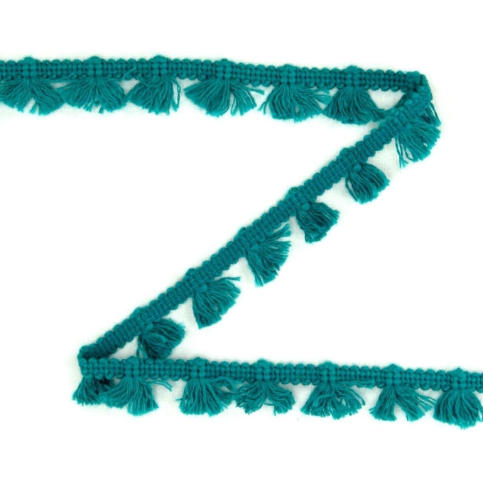 Galon à frange, pompons 15mm, bleu pétrole