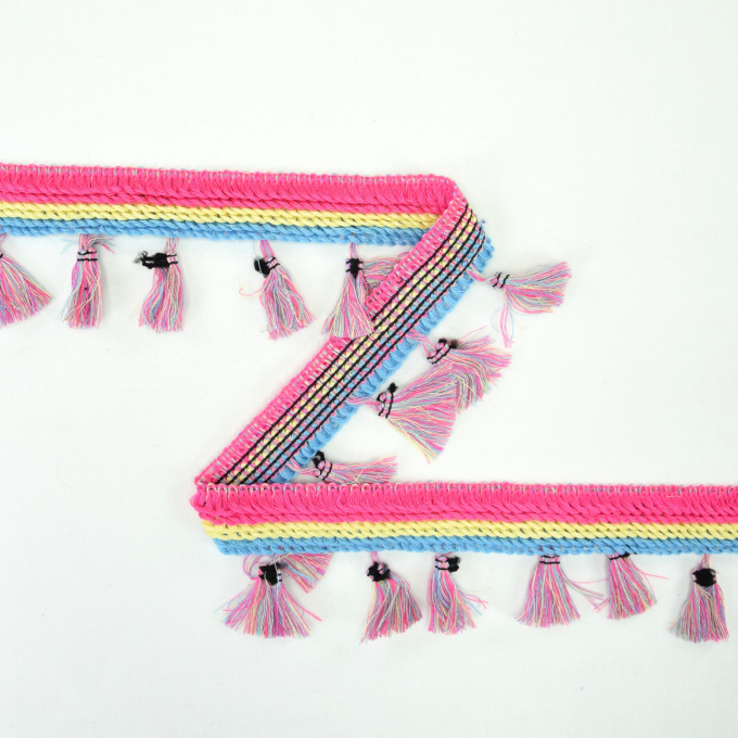 Flosjesband 3 cm, fuchsia, geel, blauw