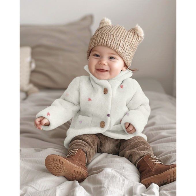 Tissu sherpa peluche teddy Coeurs brodés Embroidery Hearts, blanc cassé