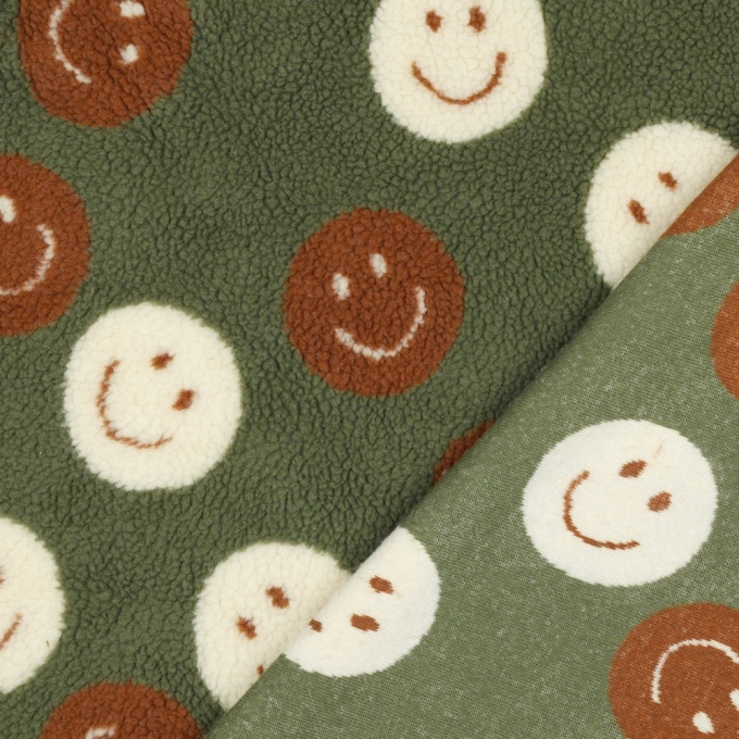 Tissu sherpa peluche teddy Smiley, vert