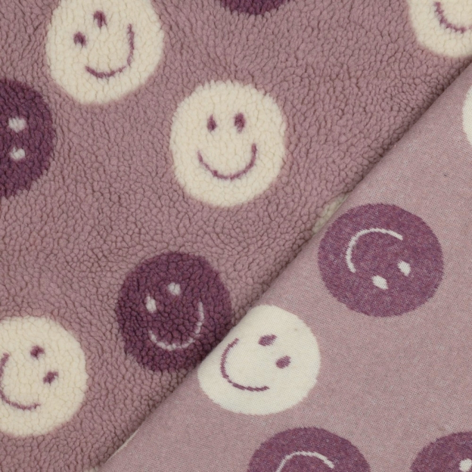 Tissu sherpa peluche teddy Smiley, mauve