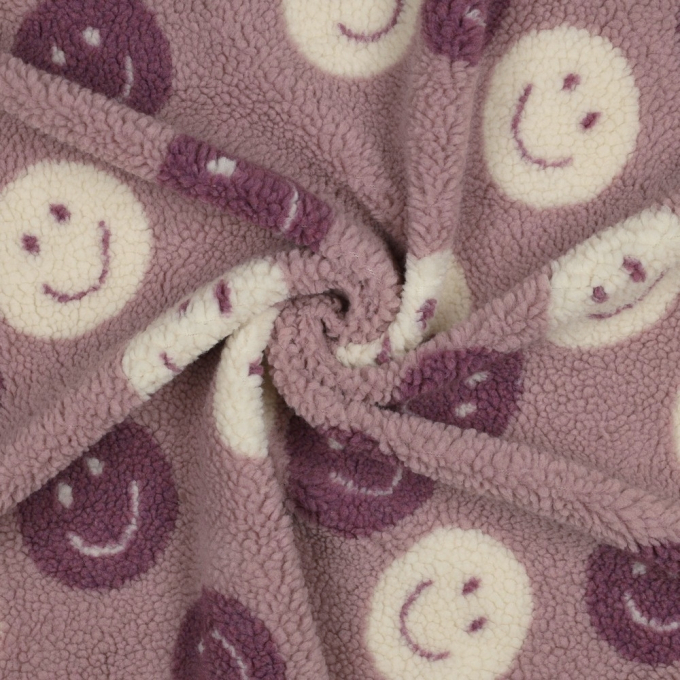 Tissu sherpa peluche teddy Smiley, mauve