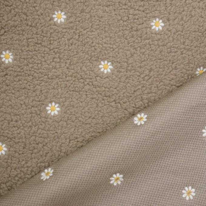 Tissu sherpa peluche teddy brodé léger, taupe