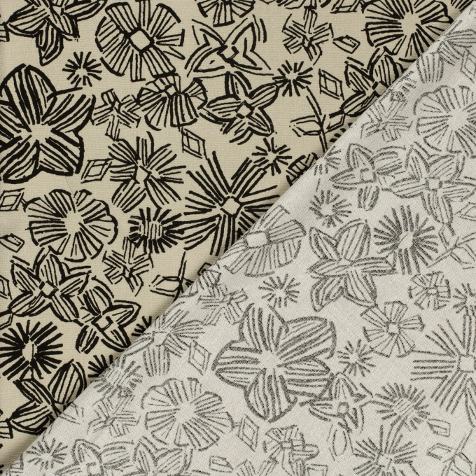 Viscose linen mix drawn flowers, greige