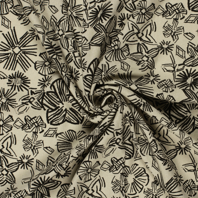 Viscose linen mix drawn flowers, greige