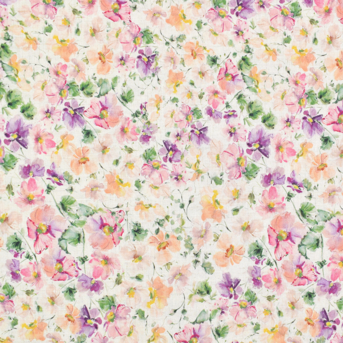 Tissu crêpe viscose lin Fleurs Flowers, beige
