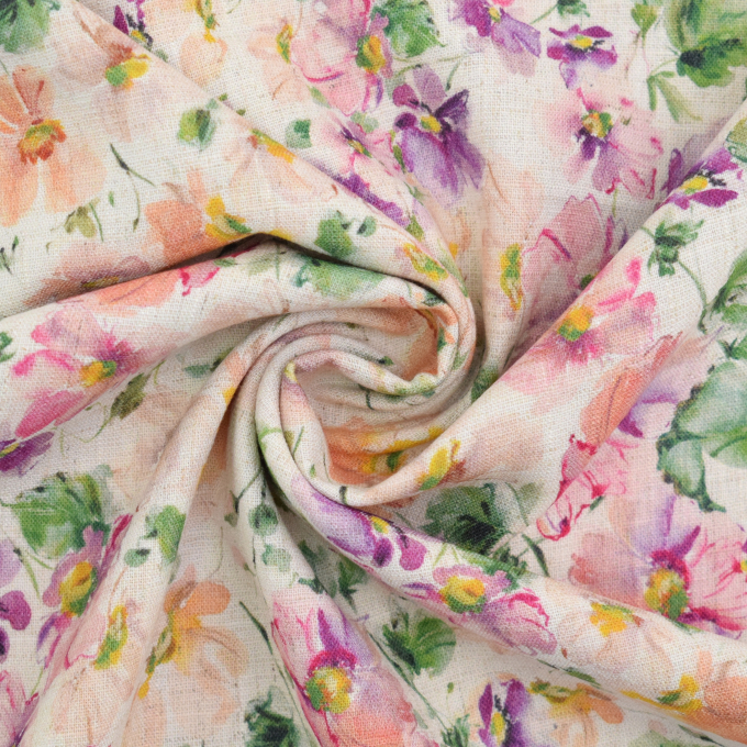 Tissu crêpe viscose lin Fleurs Flowers, beige
