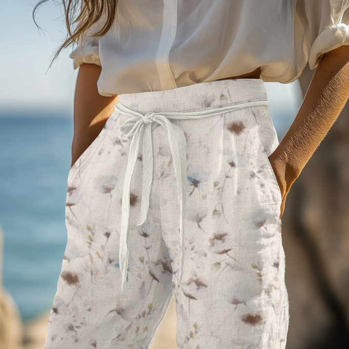 Viscose Linnen pale flowers, naturel