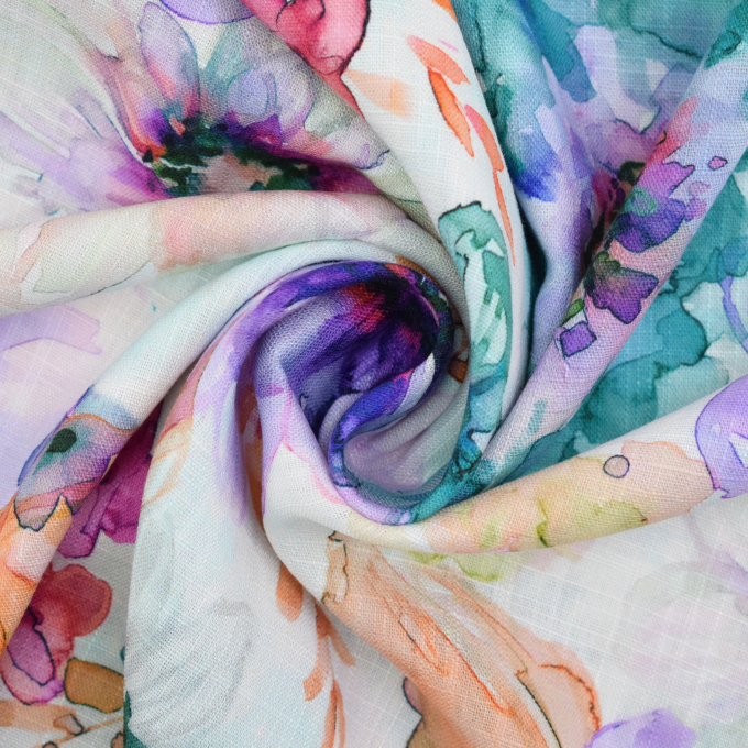 Viscose Linnen spring flowers, vaalmintgroen
