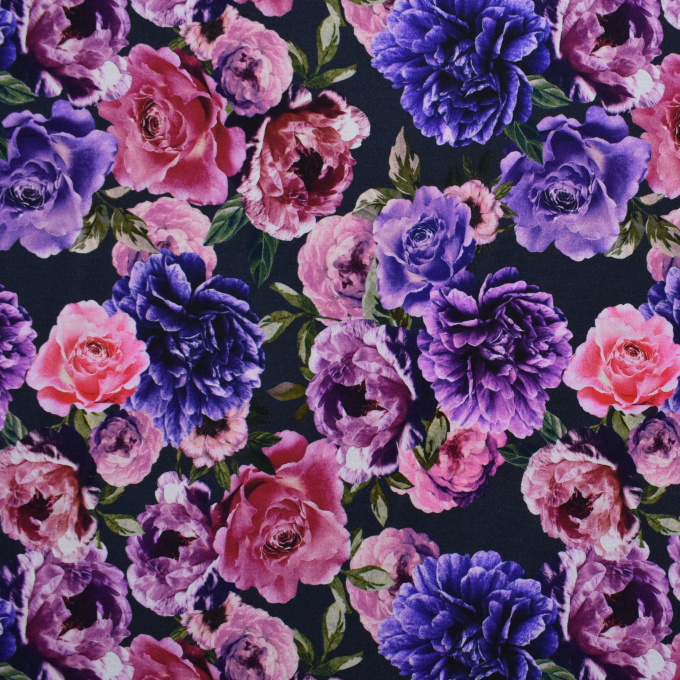 Tissu jersey viscose mélangée Fleurs Flowers garden, bleu marine
