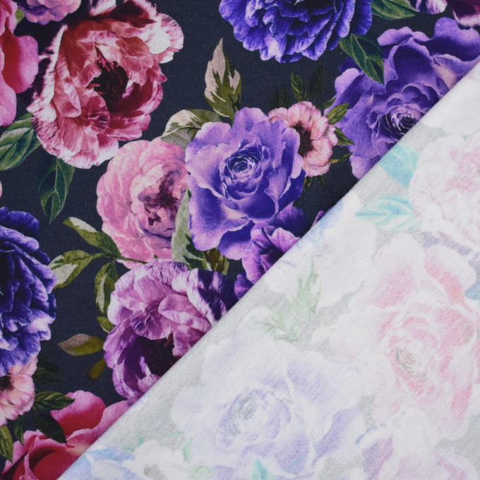 Tissu jersey viscose mélangée Fleurs Flowers garden, bleu marine