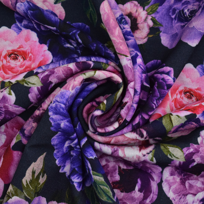 Tissu jersey viscose mélangée Fleurs Flowers garden, bleu marine