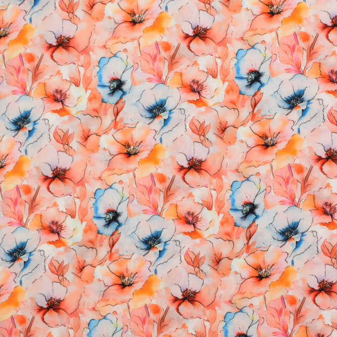 Viscose Popeline beautiful flowers, lichtoranje