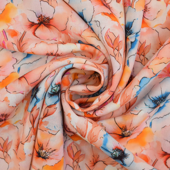Viscose Popeline beautiful flowers, lichtoranje