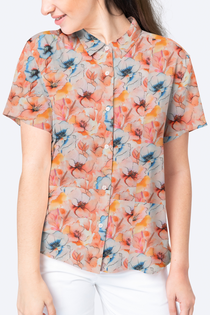 Viscose Popeline beautiful flowers, lichtoranje