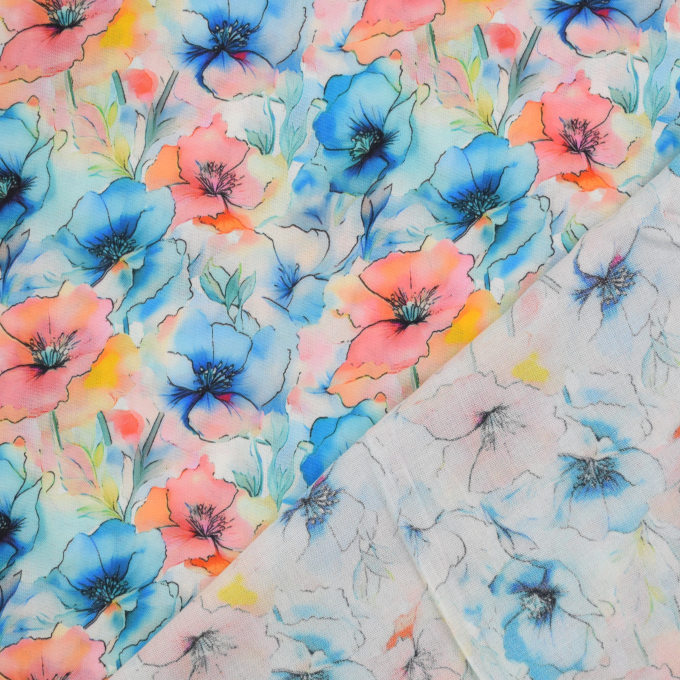 Viscose Popeline beautiful flowers, turquoise