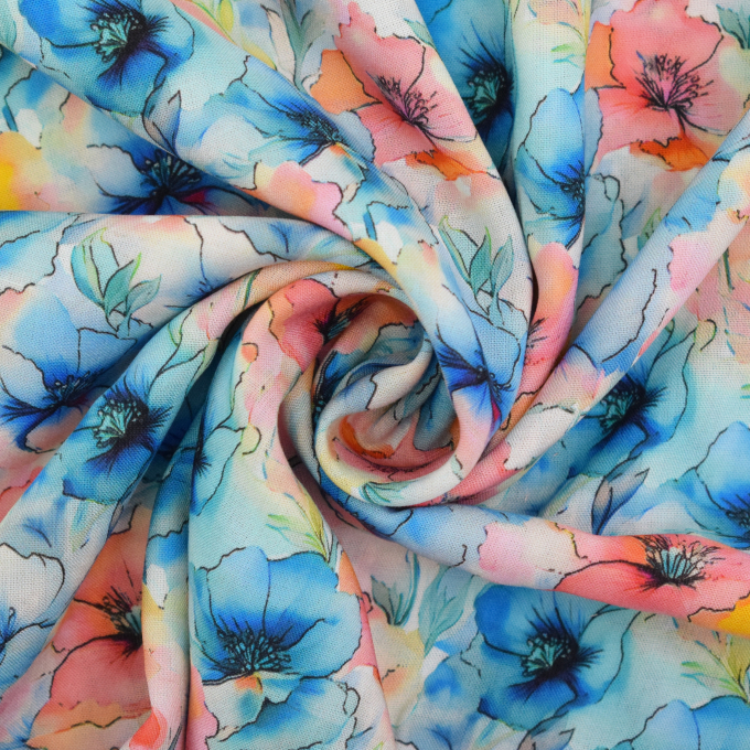 Viscose Popeline beautiful flowers, turquoise