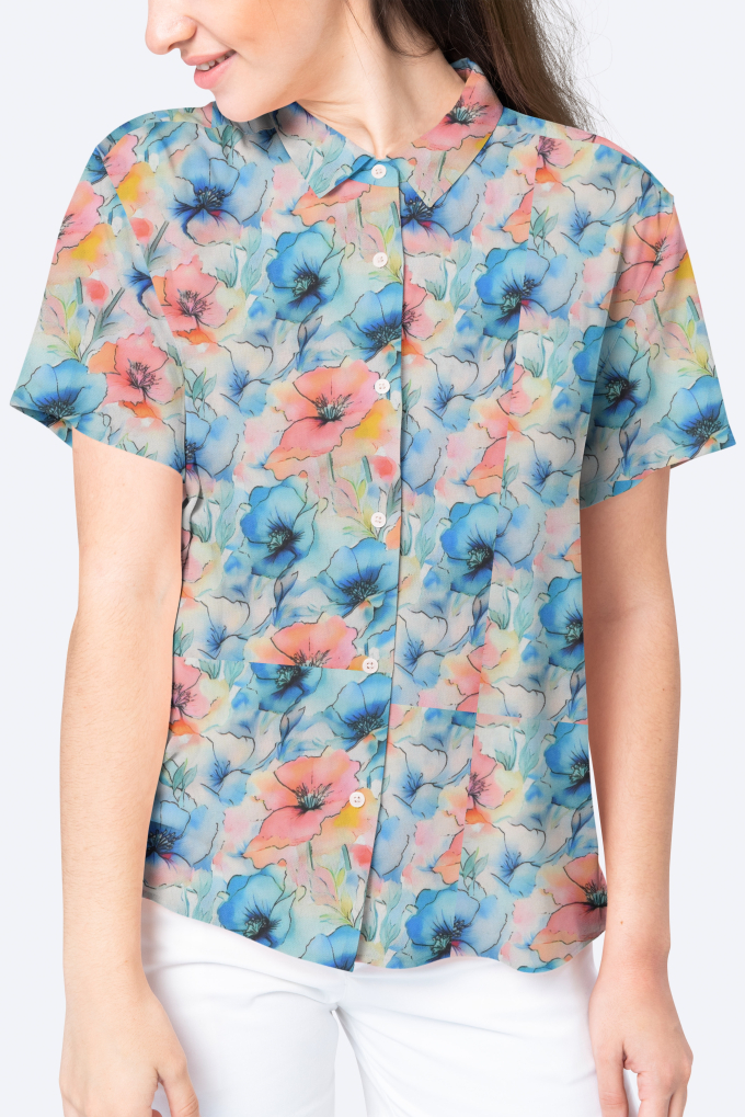 Viscose Popeline beautiful flowers, turquoise