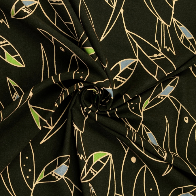 Tissu popeline viscose Oiseaux Birds, vert olive foncé