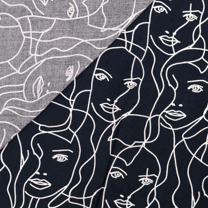 Tissu viscose popeline Visage abstrait Silhouette, bleu marine