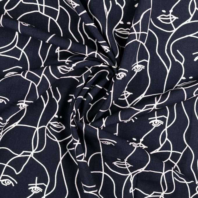 Tissu viscose popeline Visage abstrait Silhouette, bleu marine