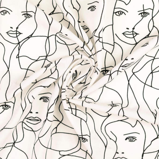 Tissu viscose popeline visage abstrait Silhouette, blanc
