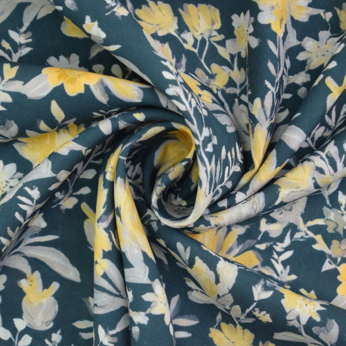 Viscose poplin wildflowers, dark teal