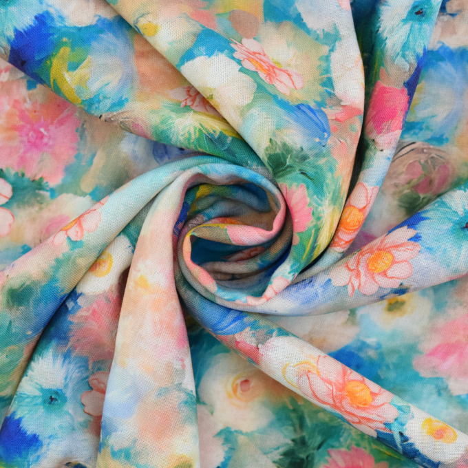 Viscose Popeline wonderful flowers, aquablauw