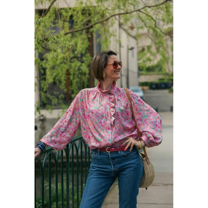 Viscose satijn Abstract Dots, roze