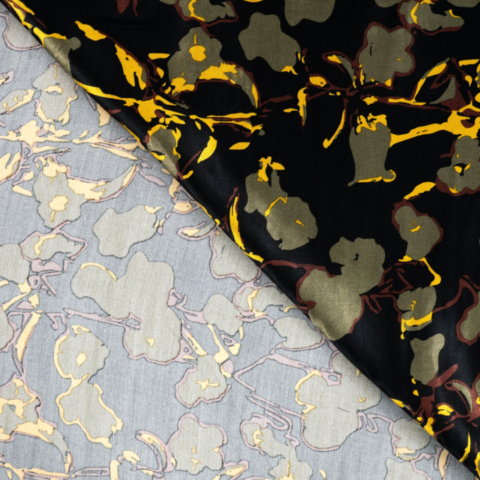 Viscose satin abstract flowers, olive green