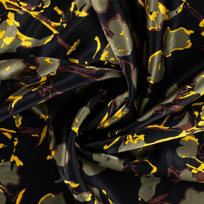 Viscose satin abstract flowers, olive green