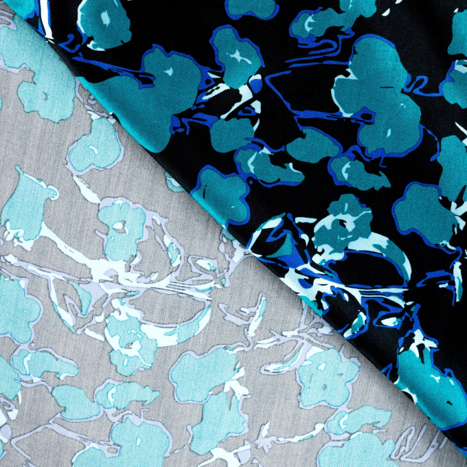 Viscose satin abstract flowers, teal