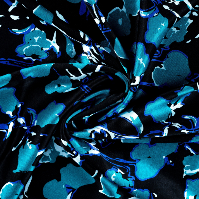 Viscose satin abstract flowers, teal