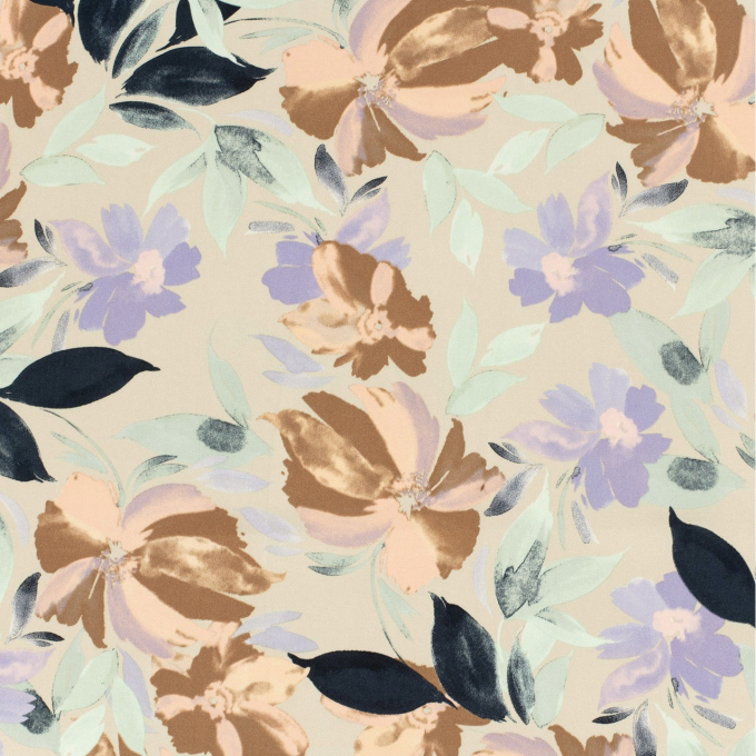 Tissu satin de viscose Fleurs Flower love, sable