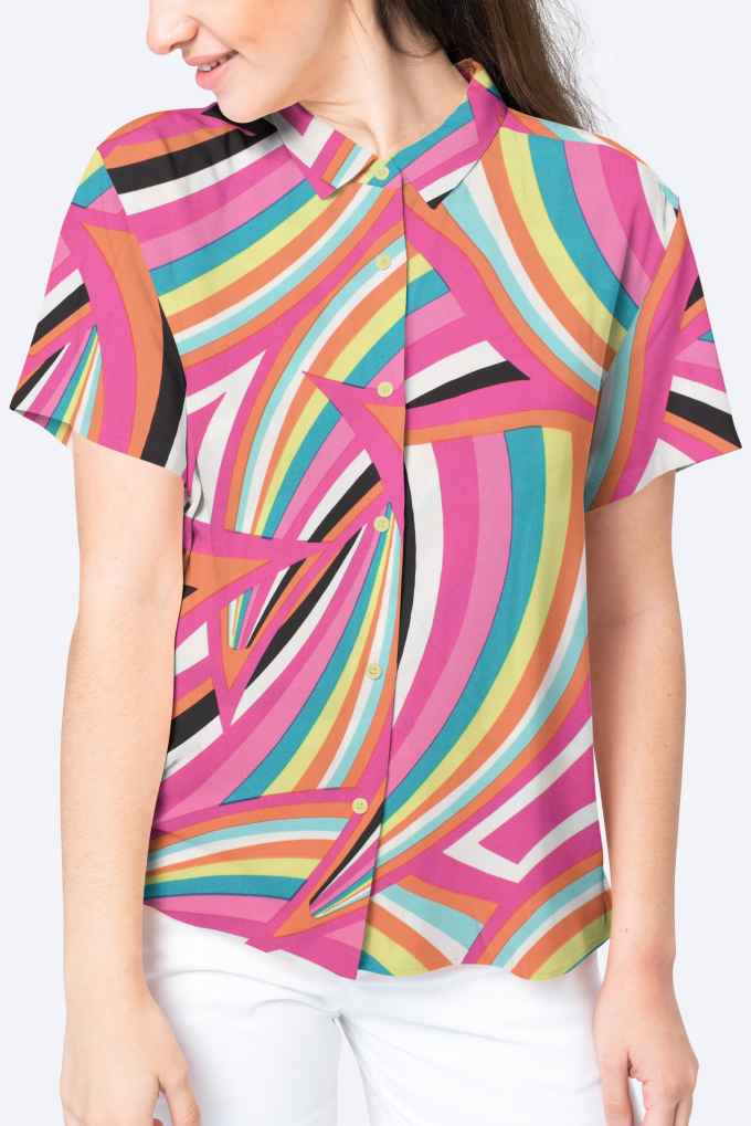 Viscose satin Retro Waves, bright pink